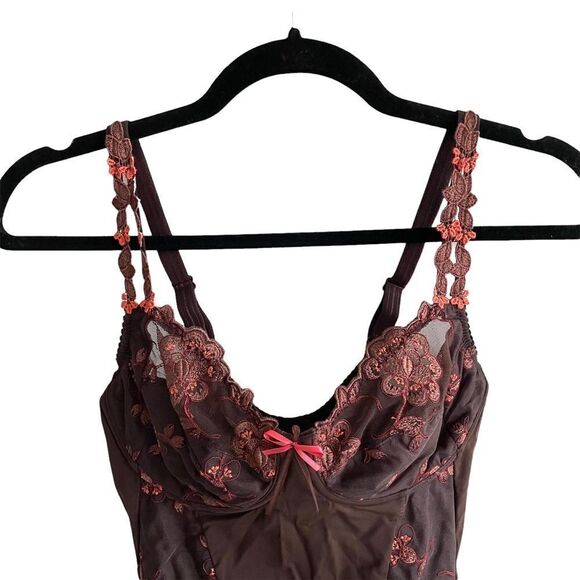 EMBROIDERED Lace Bodysuit Lingerie Brown Coral Pink XS - Picture 4 of 5